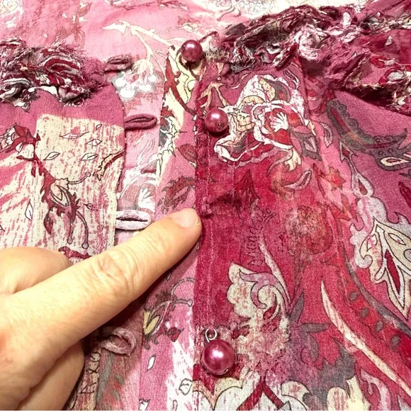 Stefanel VTG Y2K Silk Sheer Paisley Blouse Lace Trim Pearl Romantic Whimsical S - Picture 11 of 11